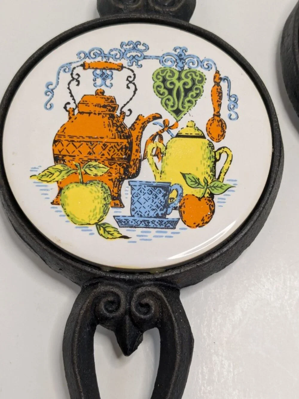Vintage Cast Iron Fork & Spoon With Round Ceramic Tile Wall Decor Set  MCM